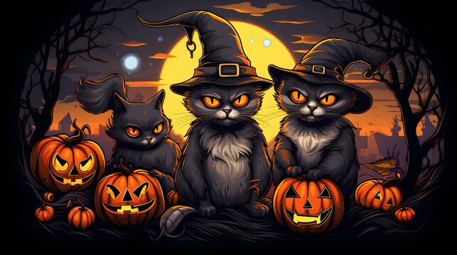 Adorable Cat-like Owls in Witch Hats for Halloween