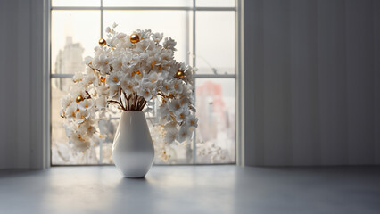 Festive Christmas decoration, white flowers with gold baubles in white vase on a grey wallpaper and window background. Product display.