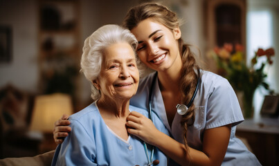 Healthcare Professional Embracing Senior Patient in Comforting Home Care - obrazy, fototapety, plakaty