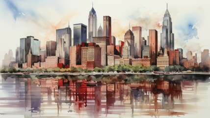 A New York City illustration in colorful watercolor paints, isolated on a white background