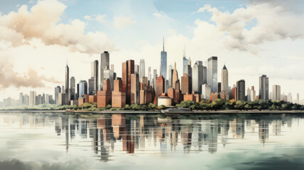 Naklejka premium A New York City illustration in colorful watercolor paints, isolated on a white background