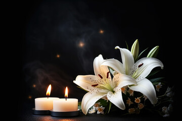 White Lily and Candle on Black Background Copy Space