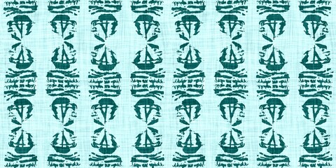 Teal green white vibrant watercolor batik azulejos tile border banner background. Seamless aqua coastal blur linen effect geometric mosaic effect.Boho Patchwork nautical masculine summer ribbon trim. 