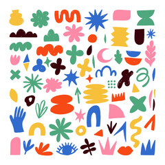 Hand drawn naive, bizarre abstract geometric shapes and forms. Modern contemporary figures, various organic shapes and doodle objects, vector graphic elements