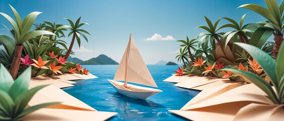 Paper sailboat sailing in the ocean near a tropical island. - obrazy, fototapety, plakaty