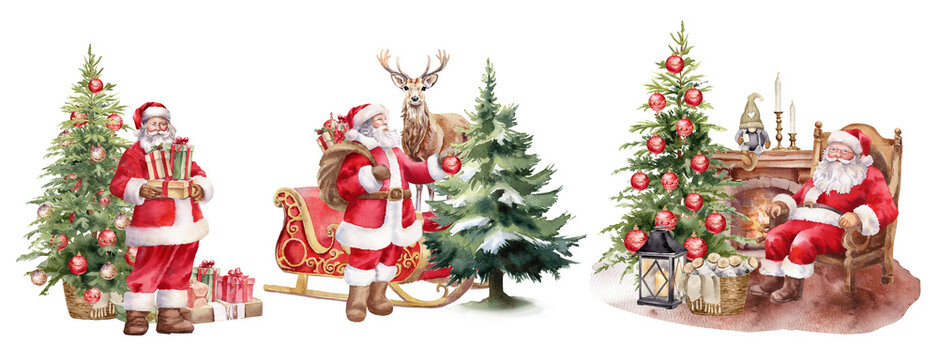 Watercolor Christmas illustration. Santa Clause, Christmas tree, deer, fireplace, Santa sleigh,  ornaments clipart PNG. Decoration for holiday cards, background PNG