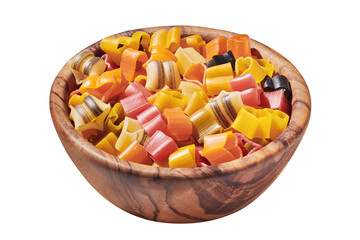 Colorful heart shaped pasta closeup isolated on white  background