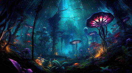 Fantastic Alien Jungle With Alien Flora And Mutant Plants. Luminescent  Alien Jungle Landscape. Exploration Of Strange World In An Other Dimension. Generative AI