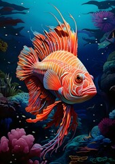 Fototapeta na wymiar A beautiful red fish amidst blue ocean, cartoonish corals, creating a lively aquatic scene.