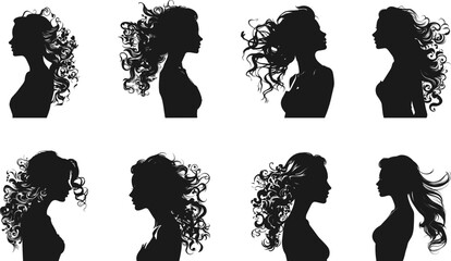 Beautiful girl silhouettes. Handsome women with fluffy hair vector profile set, half-length female models black portraits