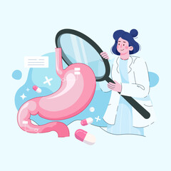 Diagnosis and treatment of intestines. Intestinal inflammation enteritis colitis dysbacteriosis. Healthy gut. Vector design