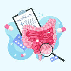 Diagnosis and treatment of intestines. Intestinal inflammation enteritis colitis dysbacteriosis. Healthy gut. Vector design