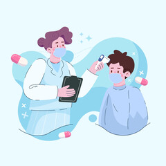 The doctor measures the patient's temperature. Symptoms of the disease. Vector illustration