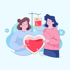 Volunteers people donating blood. Donor woman standing with heart. Concept of donation world blood donor day plasma. Vector illustration in flat design for background banner card