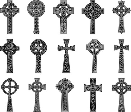 Celtic crosses. Engraved ancient druid cross symbols, old scandinavian ornamental god signs isolated on white