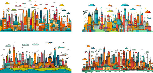 Futuristic cityscape in childs drawing style. Multicolored fictional city with skyscrapers and impossible planes, naive kids sketch
