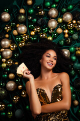 Top flatlay photo of stunning charming lady on christmas event playing poker with two cards lucky win million money