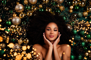 Top view flatlay photo of charming stunning lady touch face prepare for vogue vip corporate...