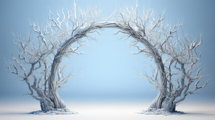 Winter Round Arch, Frame of White Branches And Ice Crystals Winter Theme, Presentation of A New Product For Winter Season. Stage For Product Marketing. Generative AI