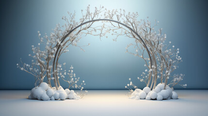 Winter Round Arch, Frame of White Branches And Ice Crystals Winter Theme, Presentation of A New Product For Winter Season. Stage For Product Marketing. Generative AI - obrazy, fototapety, plakaty