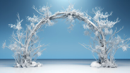 Winter Round Arch, Frame of White Branches And Ice Crystals Winter Theme, Presentation of A New Product For Winter Season. Stage For Product Marketing. Generative AI