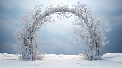 Fototapeta na wymiar Winter Round Arch, Frame of White Branches And Ice Crystals Winter Theme, Presentation of A New Product For Winter Season. Stage For Product Marketing. Generative AI