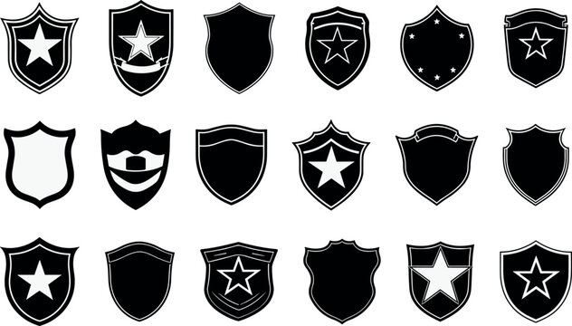 Police badge silhouettes. Black shields with stars, coat award shield shape emblems icons on white background