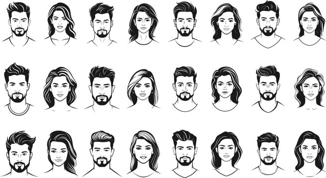 Woman and man face icons. Boys and girl young characters faces silhouettes, people heads vector icons, different users profile black signs