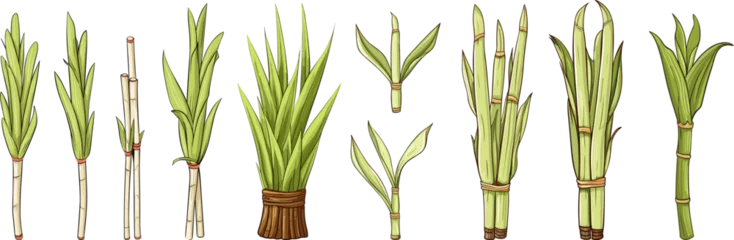 Foto op Canvas Cartoon sketch sugar canes, isolated cane with leaves. Raw sweet ingredients, nature food elements. Vector organic collection © LadadikArt