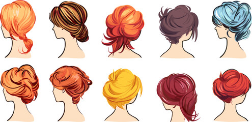 Female hairstyles design. Isolated women heads with bright hair. Various hairstyle for young teens girls back view, vector clipart