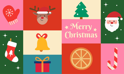 Merry Christmas greeting banner and background. Flat geometric design with squares and traditional holiday elements. Cheerful and vibrant vector illustration.