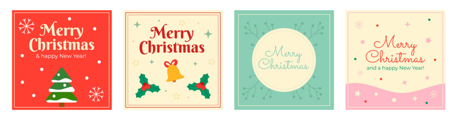 Merry Christmas and happy new year holiday season greeting cards. Square templates with decorative elements. Cute and trendy set of holiday posts, covers, posters. Vector illustration.