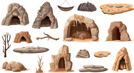 Primitive human living elements. Stone caves and stones, dry tree and branches. Isolated cartoon ancient houses, vector decorative elements - obrazy, fototapety, plakaty