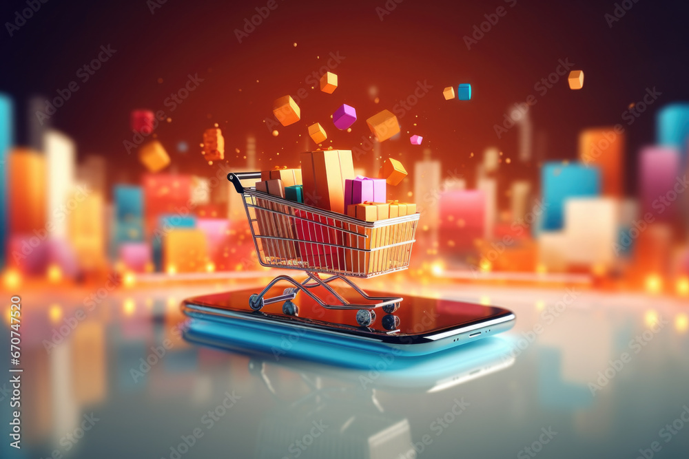 Poster a picture of a phone with a shopping cart on top of it. perfect for illustrating online shopping or 