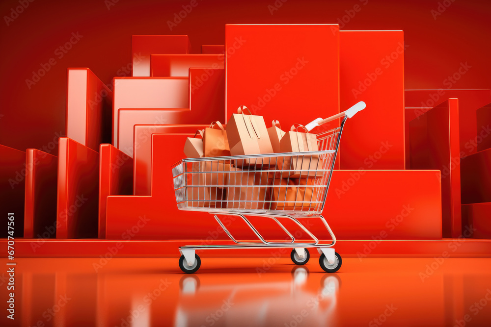 Poster A shopping cart filled with books resting on the floor. Ideal for illustrating the concept of shopping for books or a library setting.