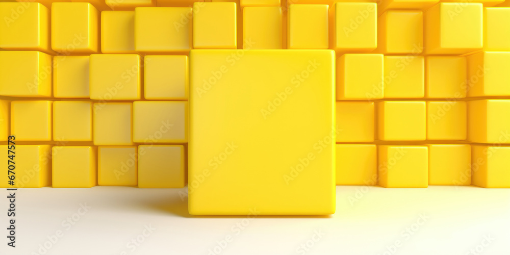 Poster A group of yellow cubes arranged in a room. This versatile image can be used to represent creativity, problem-solving, or a clean and organized workspace.