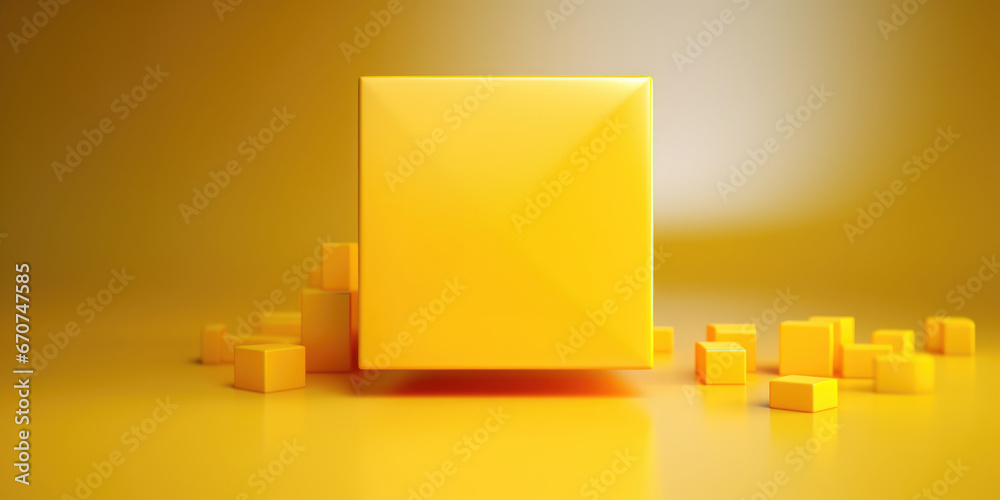 Poster A yellow box is placed on a yellow surface and surrounded by cubes. This image can be used to represent concepts such as organization, uniqueness, creativity, and problem-solving.