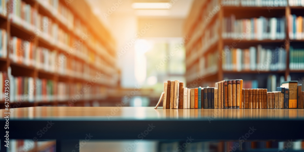 Poster a row of books on a table in a library. suitable for educational and literary themes.