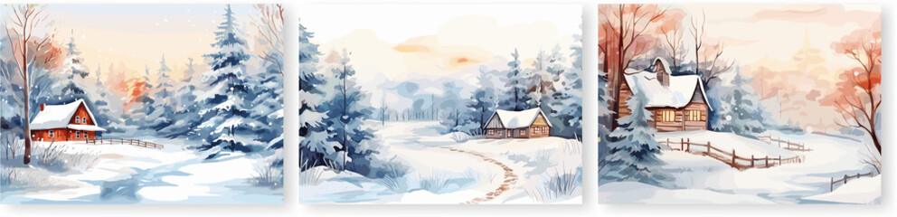 Winter nature landscape. Wooden house in snow forest, seasonal illustration. Watercolor decorative cozy vector background, christmas season