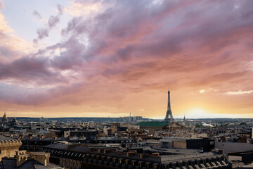 Fototapeta na wymiar Paris cityscape. Rooftops of the buildings, Eiffel Tower in the background