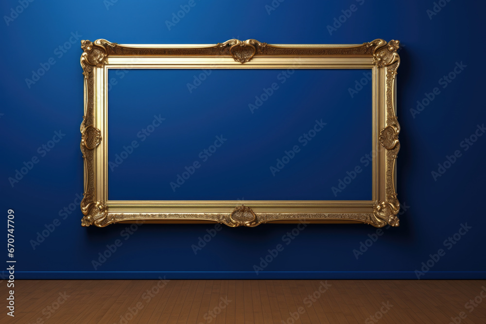 Aufkleber a gold picture frame is mounted on a blue wall. this versatile image can be used for various purpose
