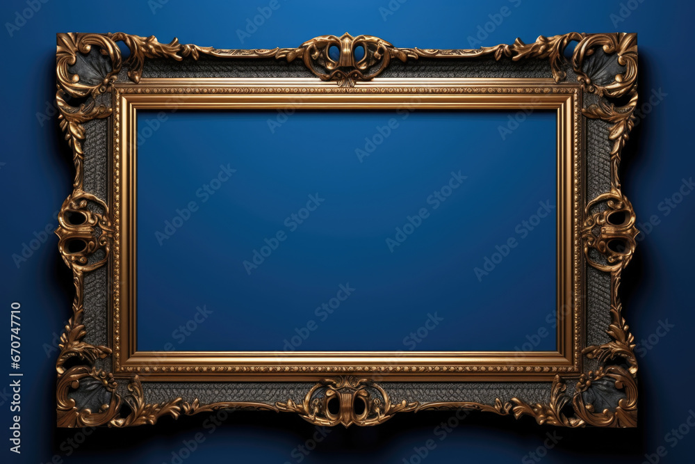 Poster a gold frame is mounted on a vibrant blue wall. this image can be used to showcase artwork or to add
