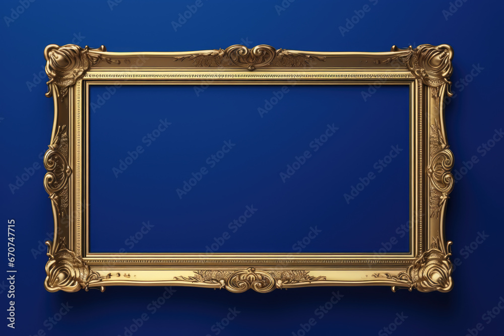 Poster a gold frame placed against a vibrant blue wall. perfect for adding a touch of elegance and sophisti