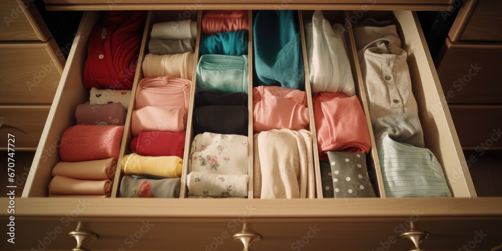 Poster A drawer filled with a variety of different types of clothing. This versatile image can be used to depict organization, fashion, wardrobe, or laundry themes.