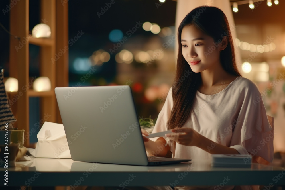 Poster a woman sitting at a table using a laptop computer. suitable for illustrating technology, remote wor