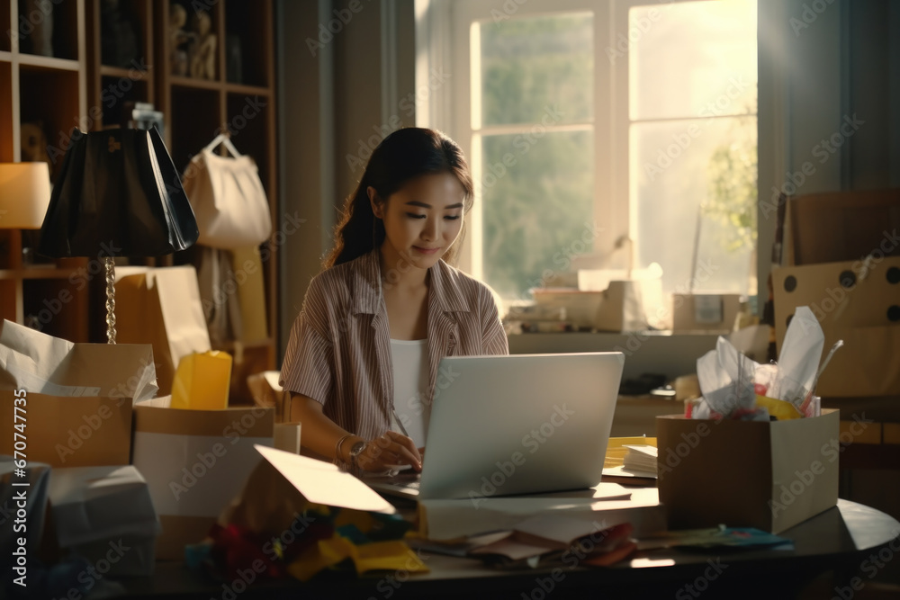 Aufkleber A woman is sitting at a table and working on a laptop. This image can be used to depict remote work, productivity, or technology in various contexts.