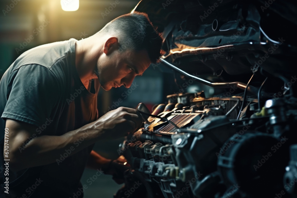 Poster a man is seen working on an engine in a garage. this image can be used to depict automotive repairs 