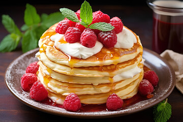 Homemade Pancake Tower with Honey and Fresh Raspberry