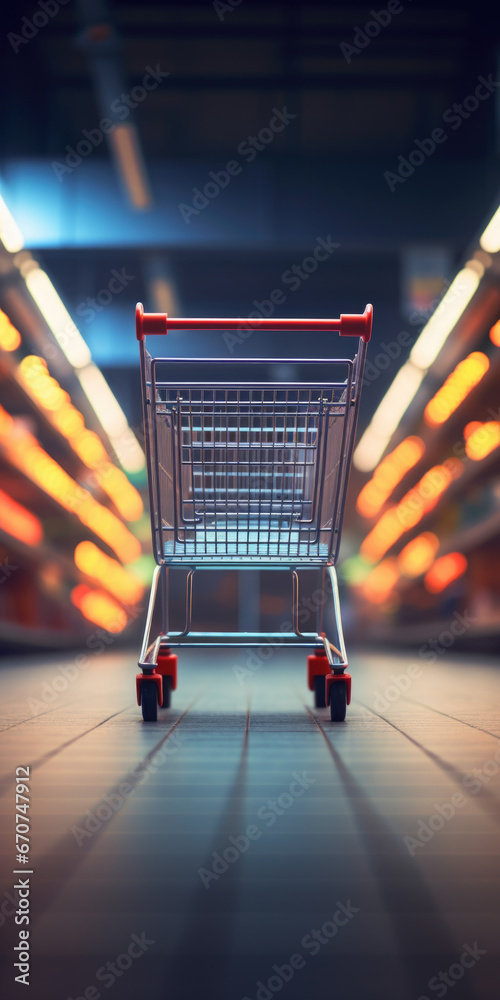 Poster a shopping cart sitting on the floor in a store. this image can be used to represent retail, shoppin