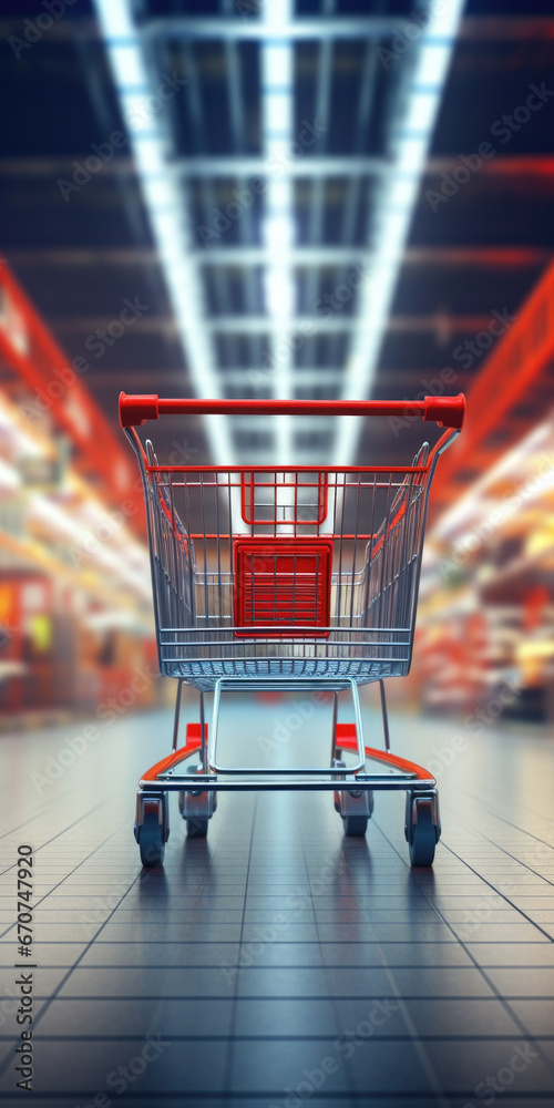 Poster a shopping cart sitting in a store aisle. perfect for illustrating a retail environment.
